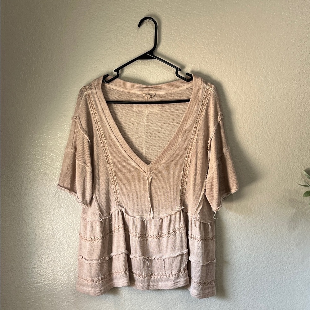 POL Women’s Blush Pink Textured V-Neck Blouse Sz S Boho Lightweight V Neck Chic